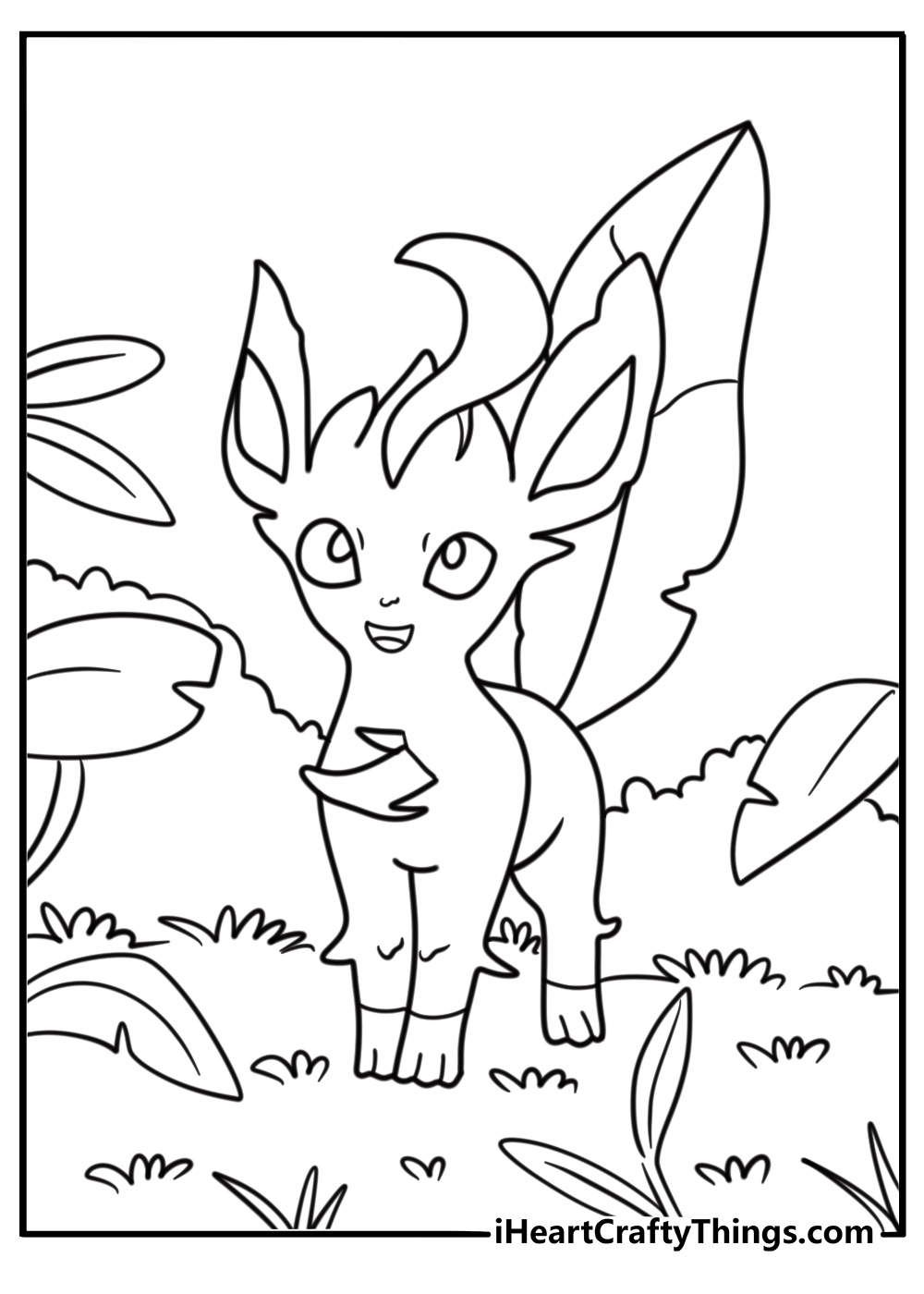 Leafeon standing in a forest surrounded by leaves