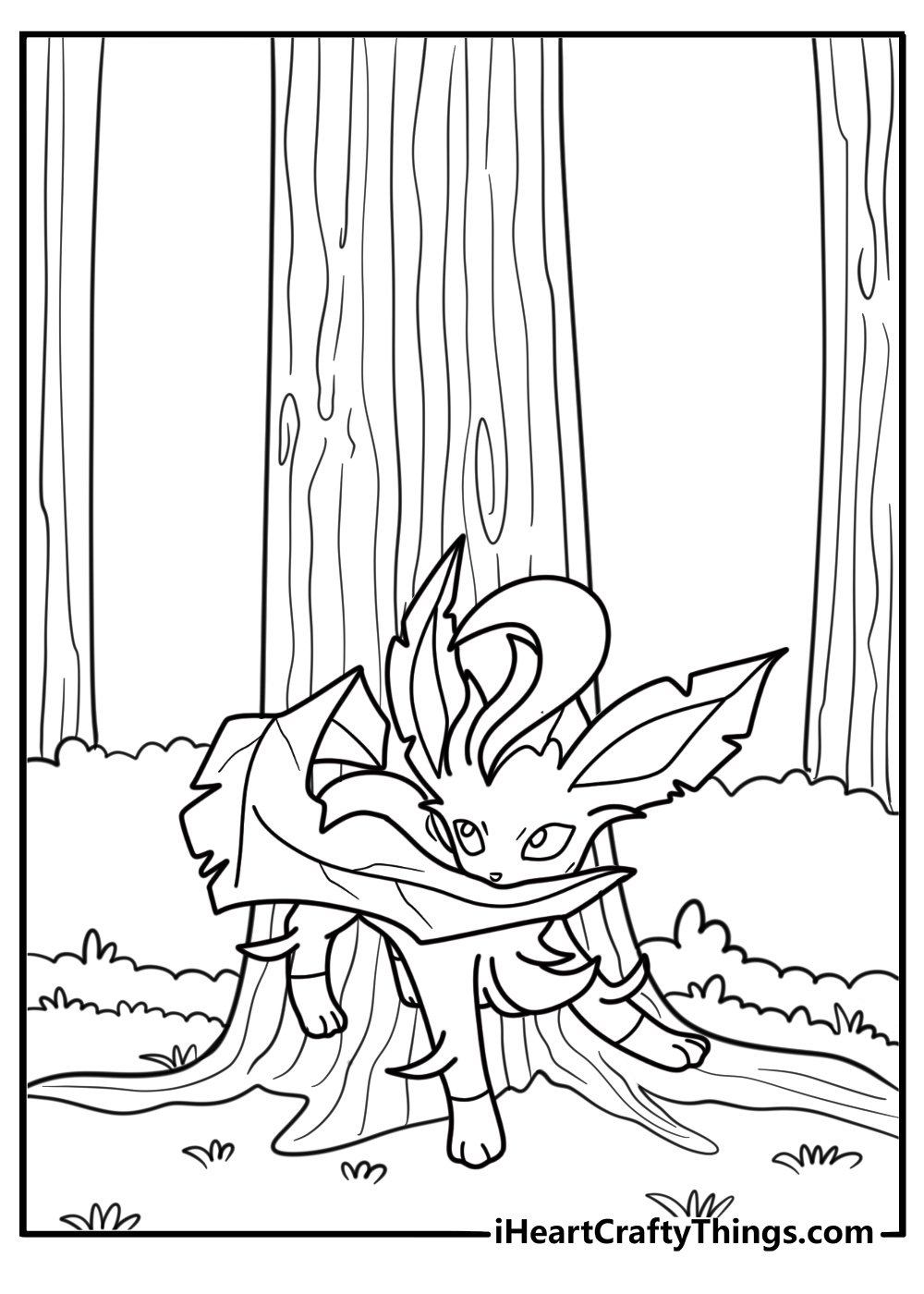 Leafeon standing near a large tree with roots exposed