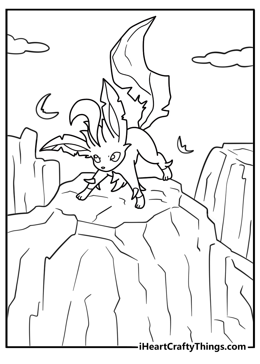 Leafeon standing on a rock overlooking a valley
