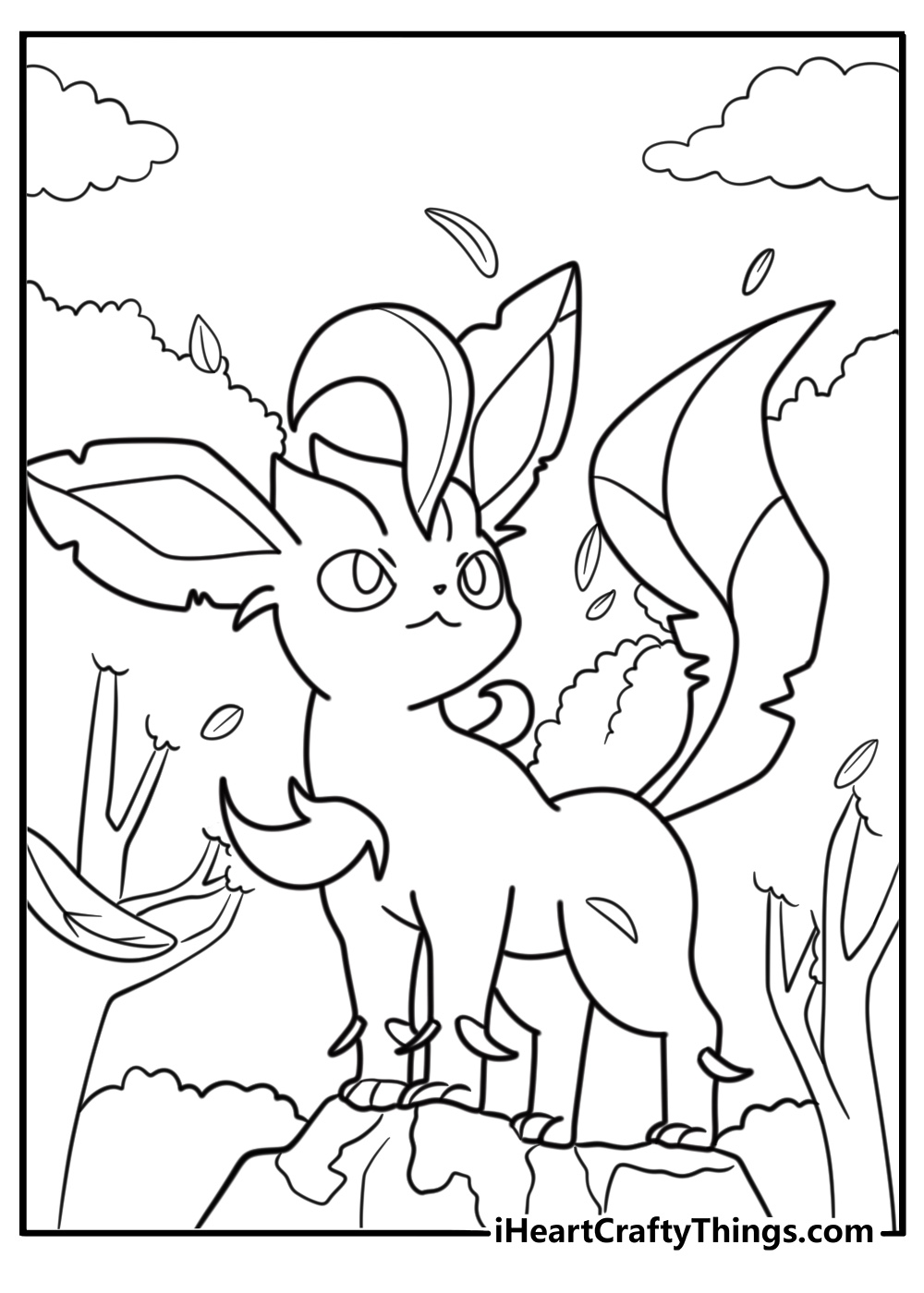 Leafeon standing still while the wind carries leaves around