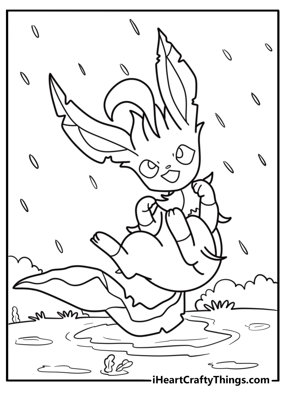 Leafeon under a rain shower surrounded by fresh sprouts