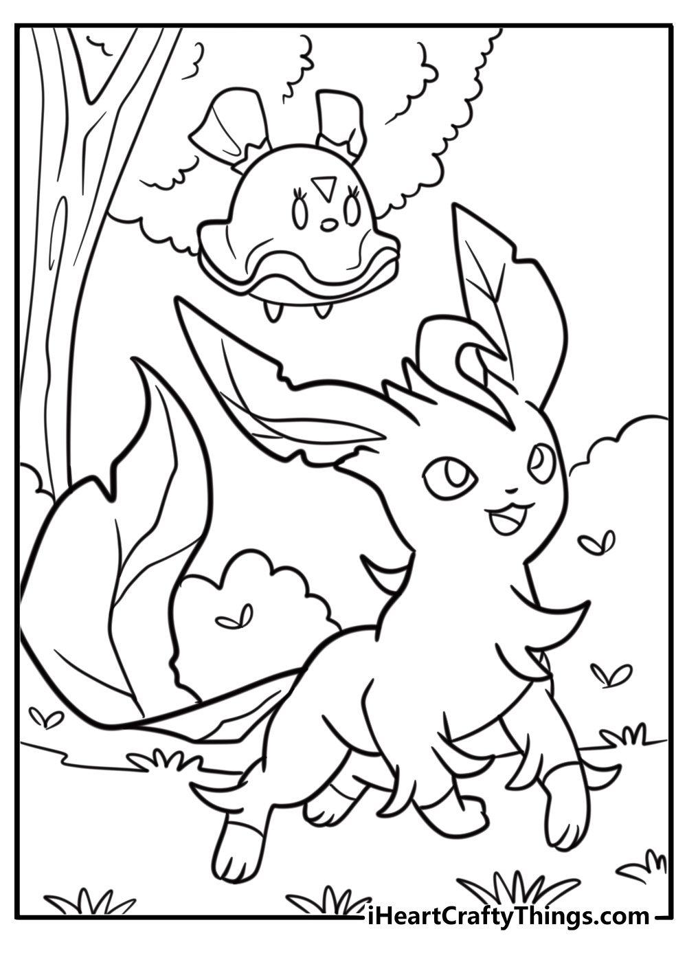 Leafeon walking along a forest path with small Pokémon nearby