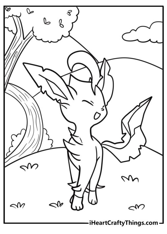 Leafeon walking beside a stream in a peaceful setting