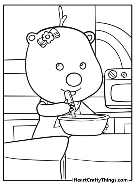 Loopy the beaver baking a cake in the kitchen coloring page