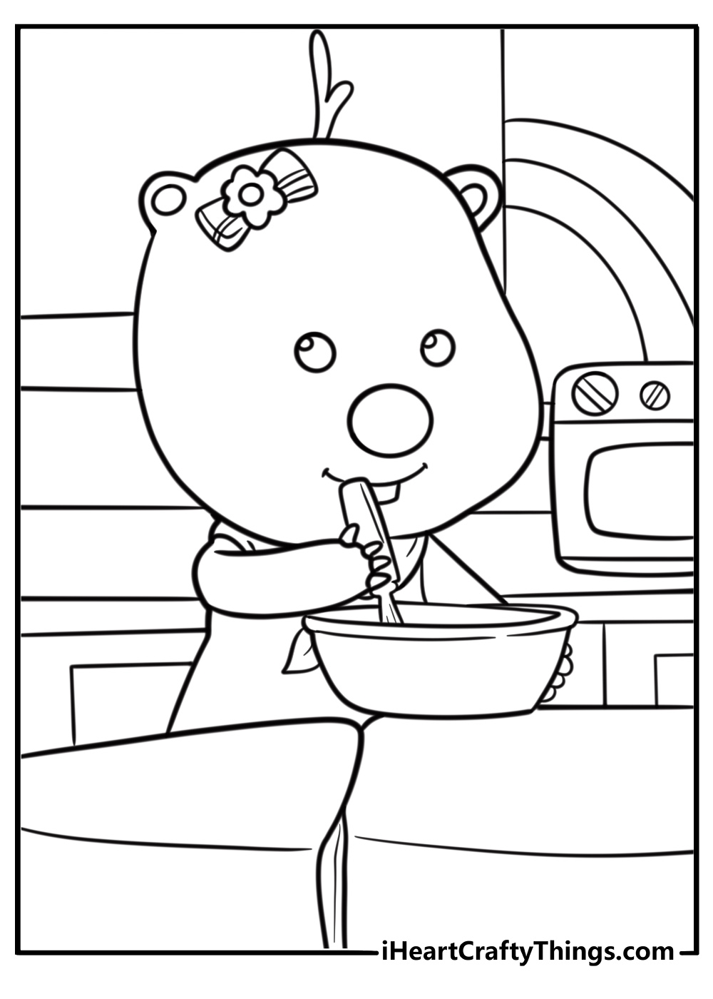 Loopy the beaver baking a cake in the kitchen coloring page