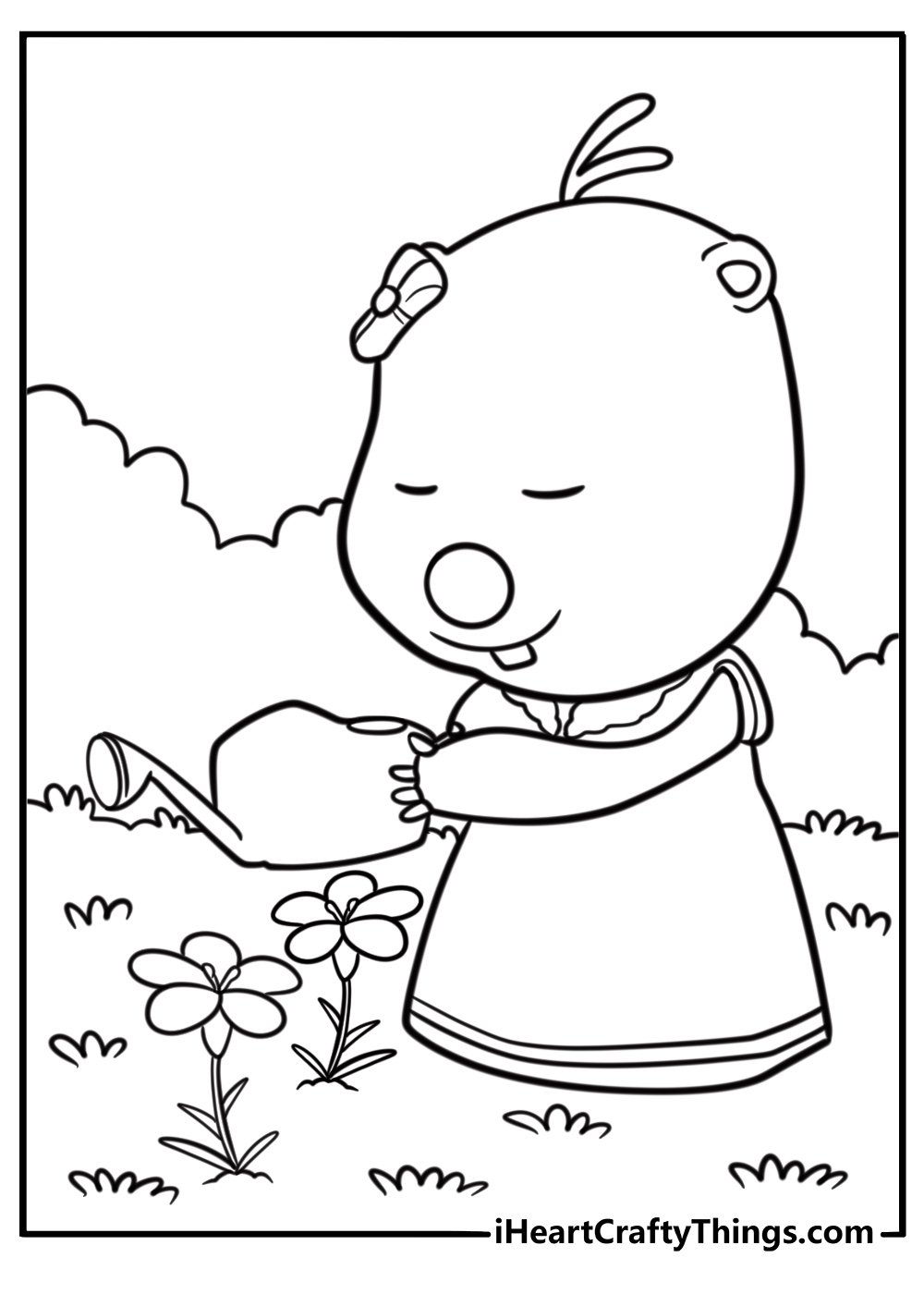 Loopy watering flowers in the garden coloring page