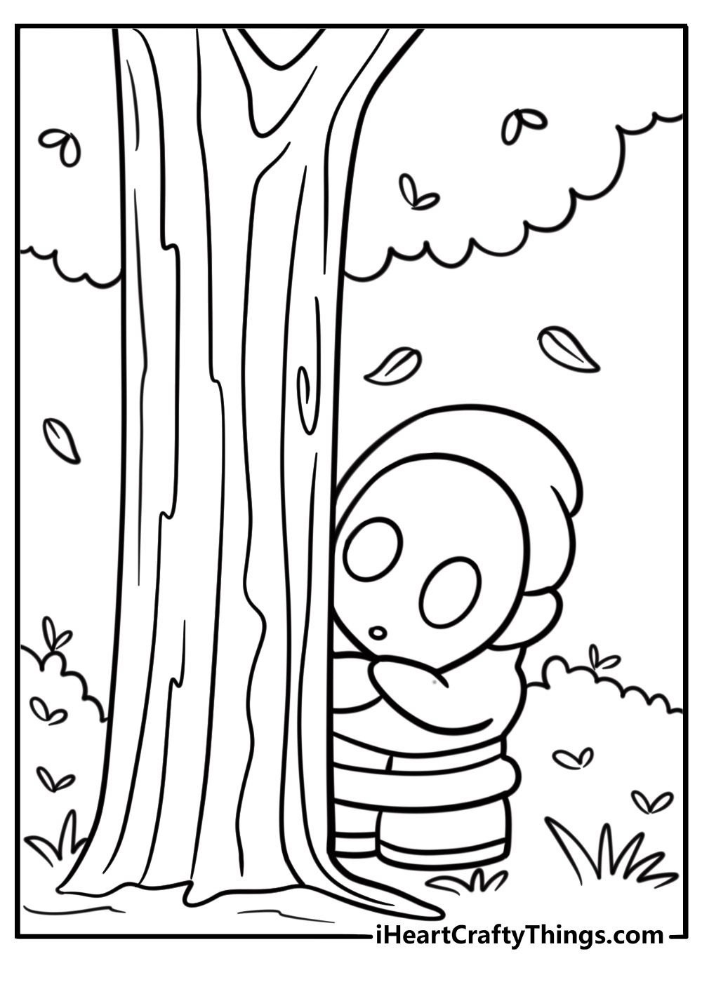 Masked Shy Guy peeking from behind a wall coloring sheet