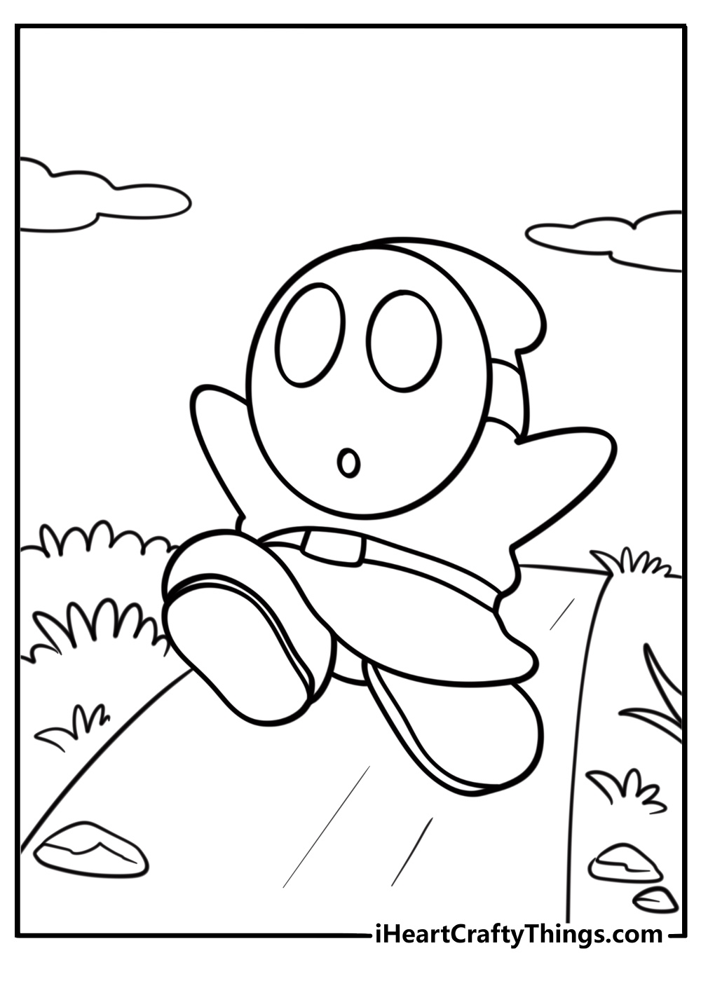 Masked Shy Guy running through grassy plains coloring