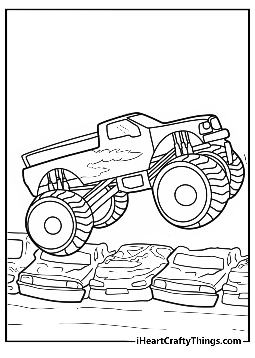 Monster truck based on a Ford F250 jumping over cars coloring page