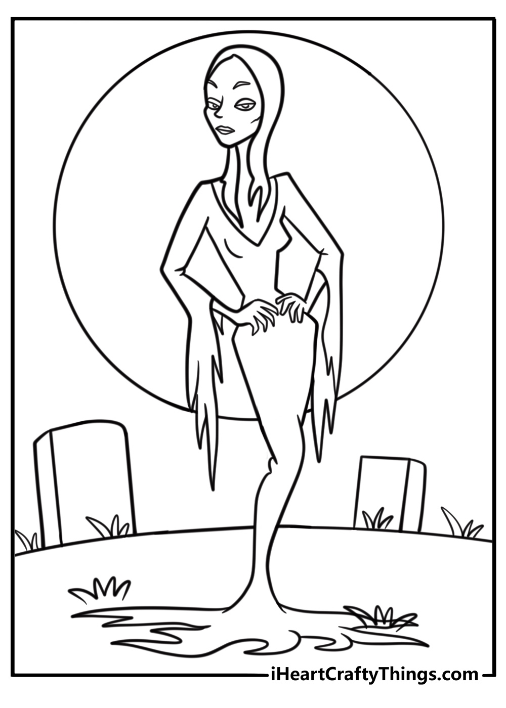 Morticia Addams standing with long black dress coloring page