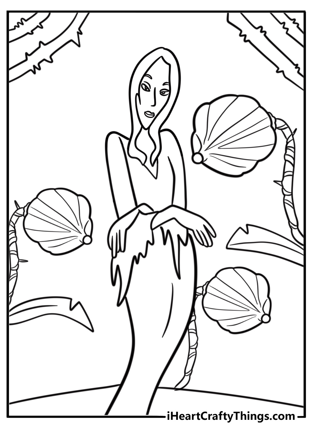 Morticia surrounded by carnivorous plants coloring page