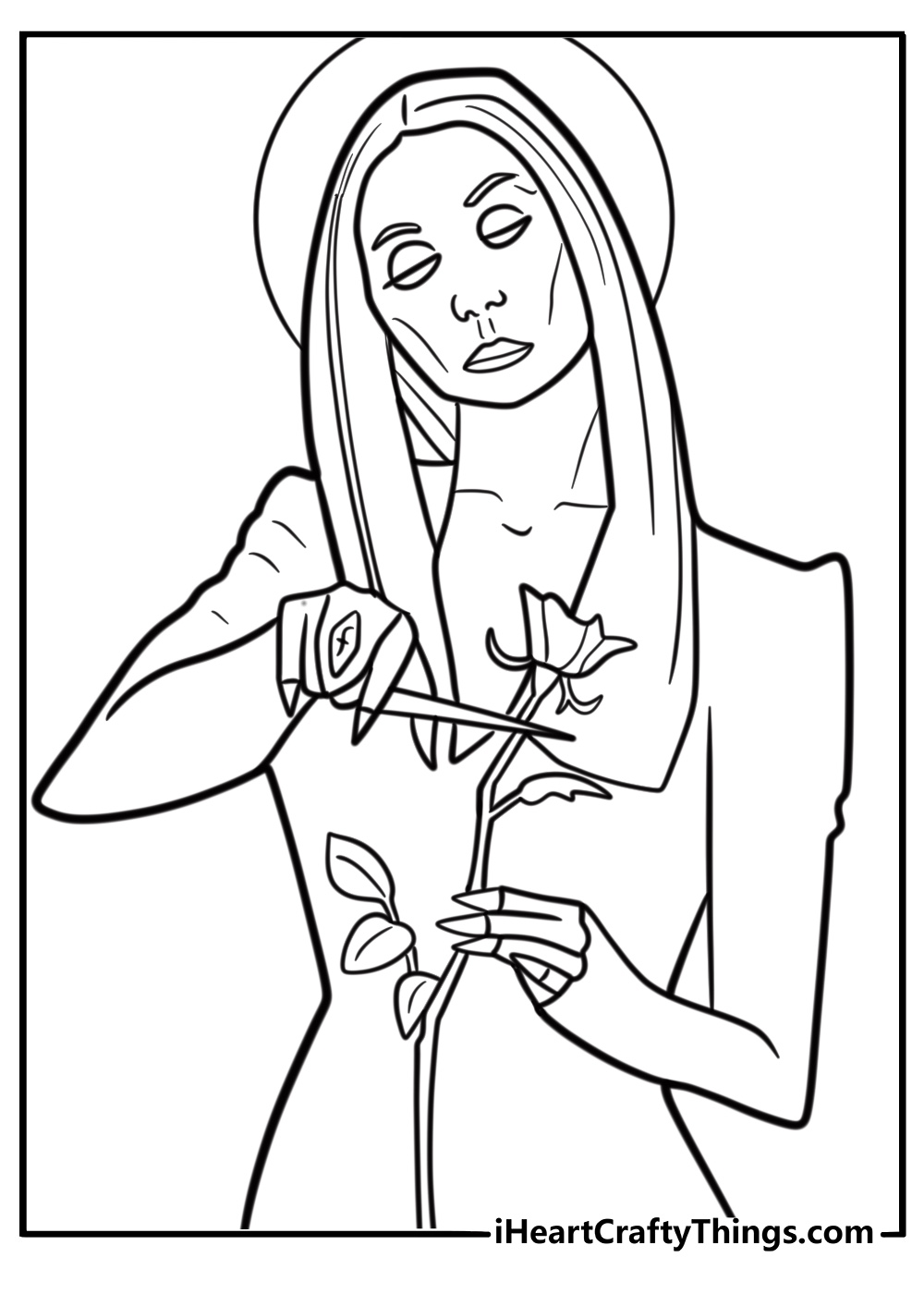 Morticia trimming roses by cutting off the blooms coloring page