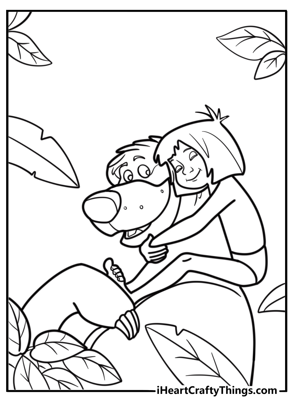 Mowgli hugging Baloo coloring page