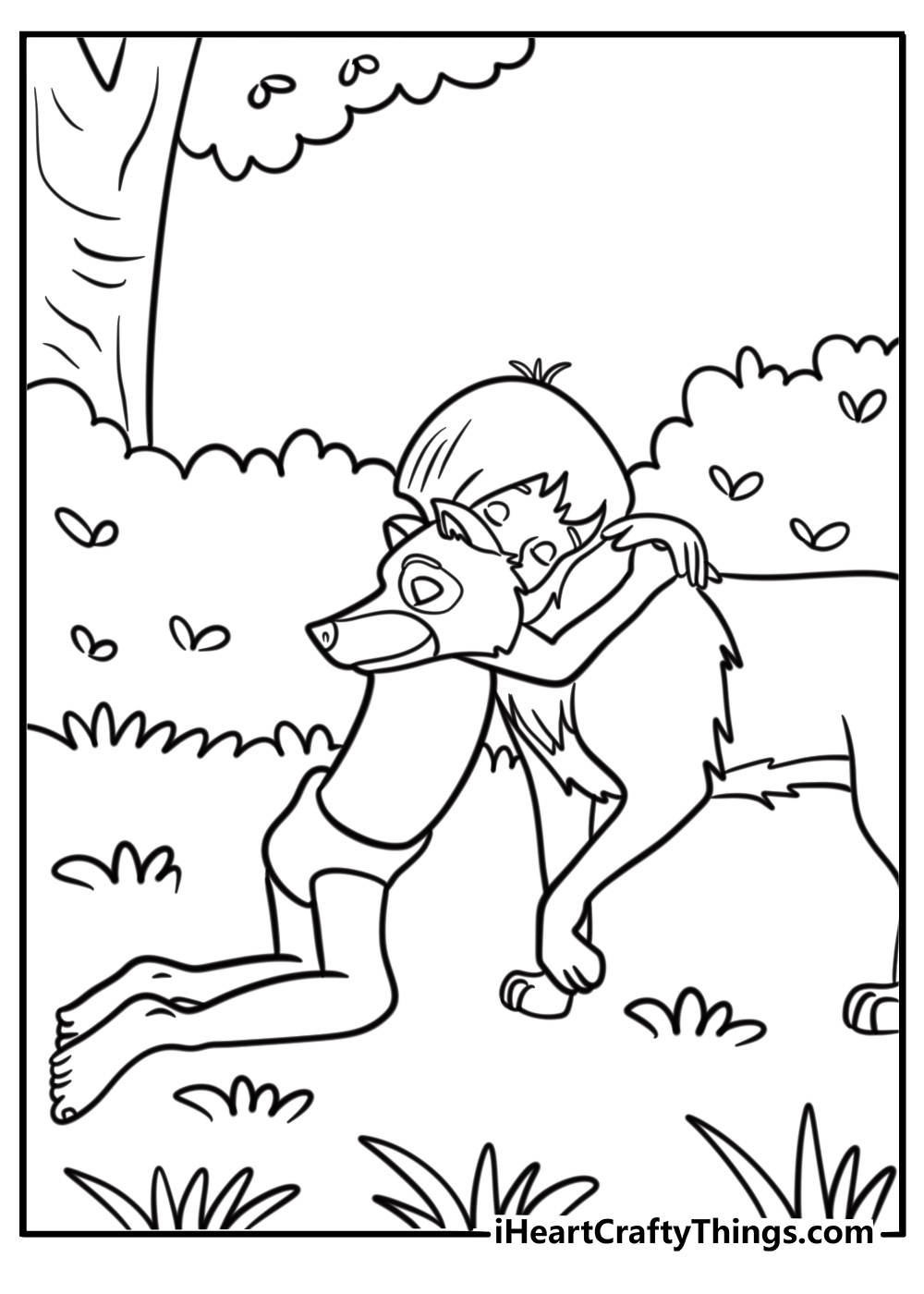 Mowgli meeting the wolf pack coloring page