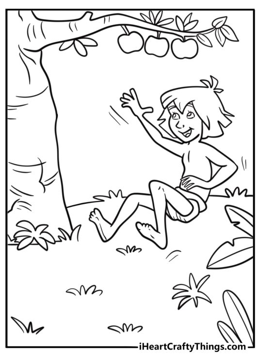 Mowgli picking fruit from a tree coloring page