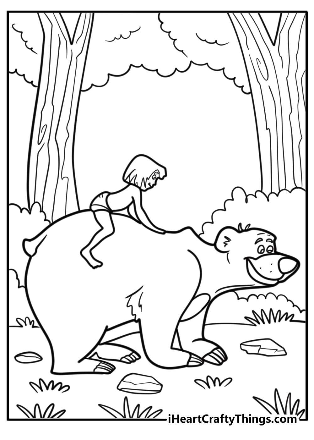 Mowgli riding on Baloo's back coloring page