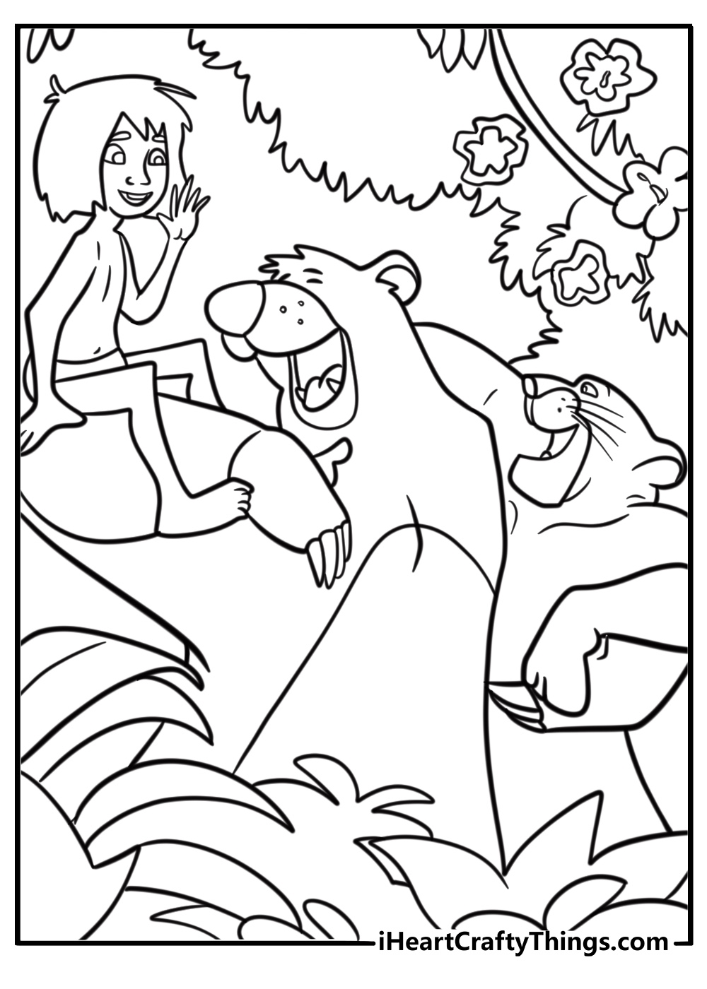 Mowgli saying goodbye to Baloo and Bagheera coloring page
