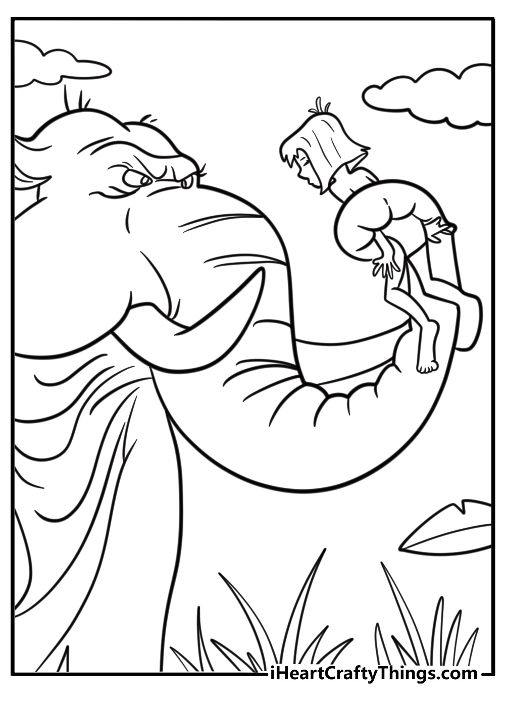Mowgli talking to the elephants coloring page