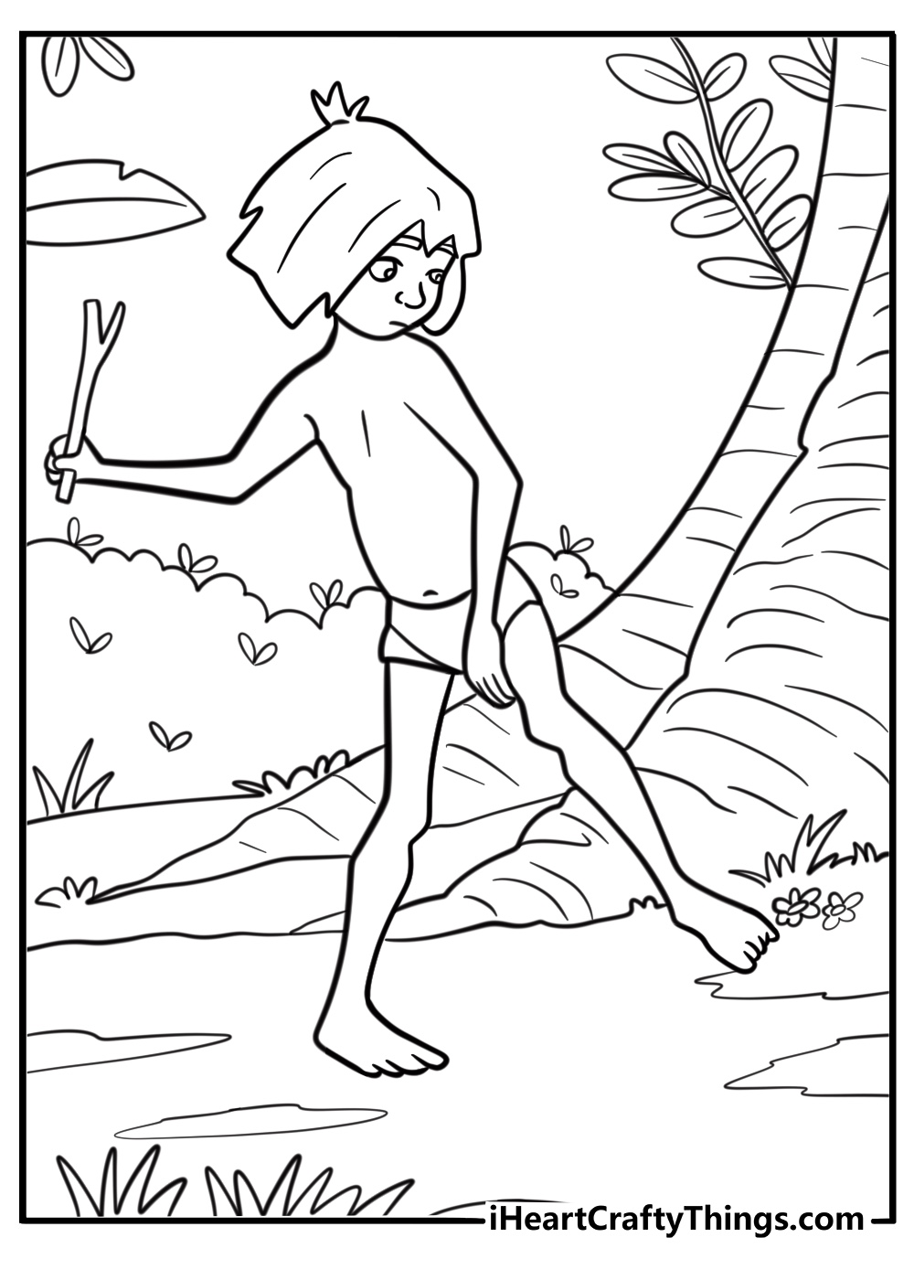 Mowgli walking through the jungle coloring page