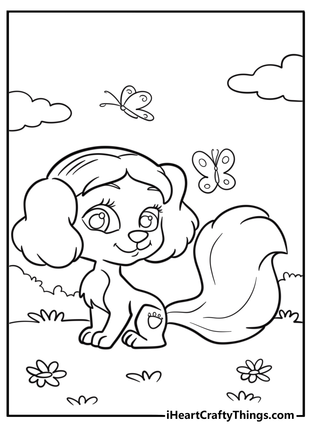 Muffin the puppy chasing a butterfly coloring page