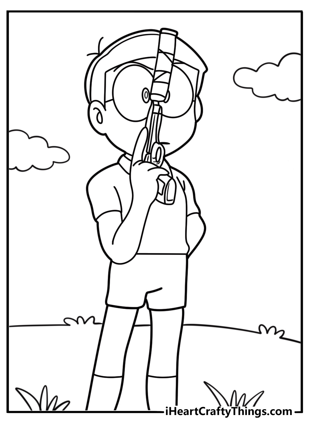 Nobita holding Doraemon's gadget free coloring page
