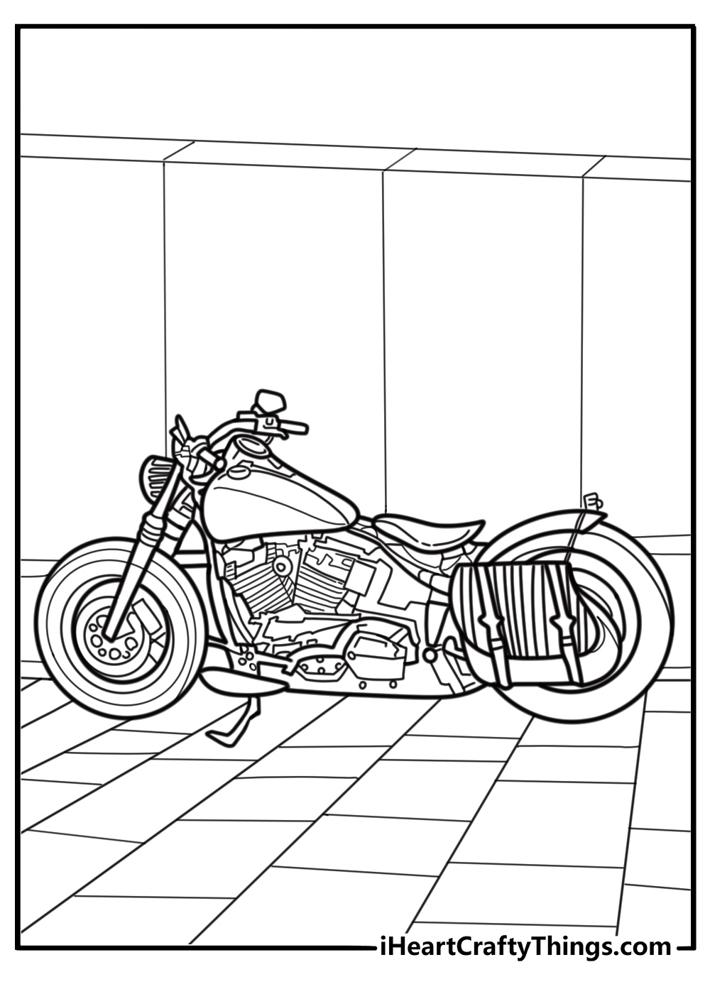 Old school Harley Davidson motorcycle with leather seat coloring page