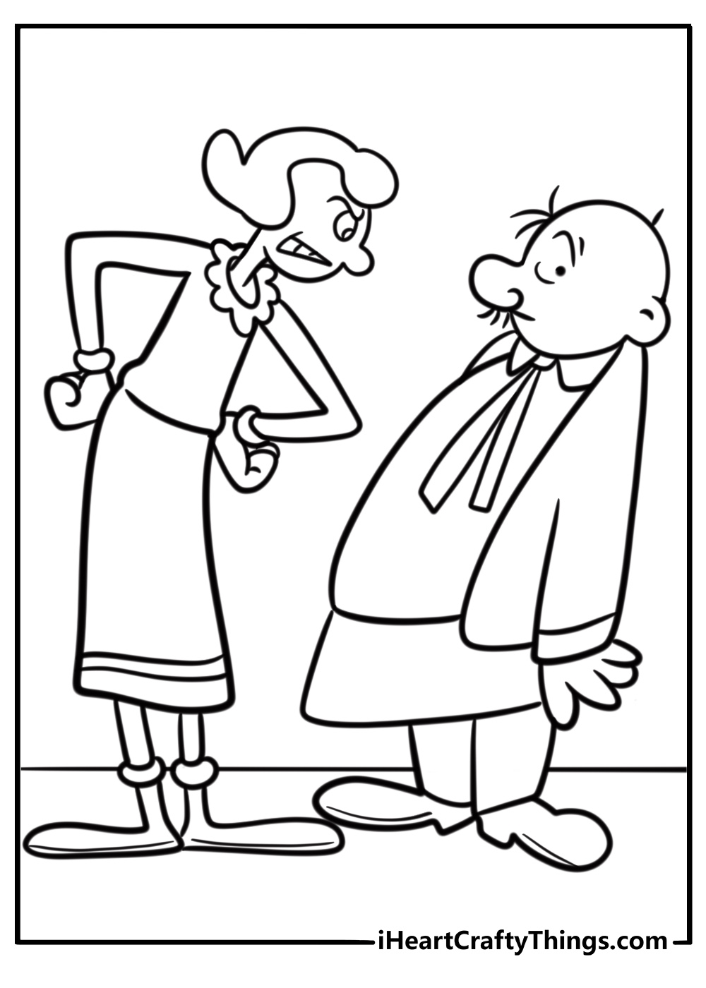 Olive Oyl standing beside Wimpy looking confused coloring sheet