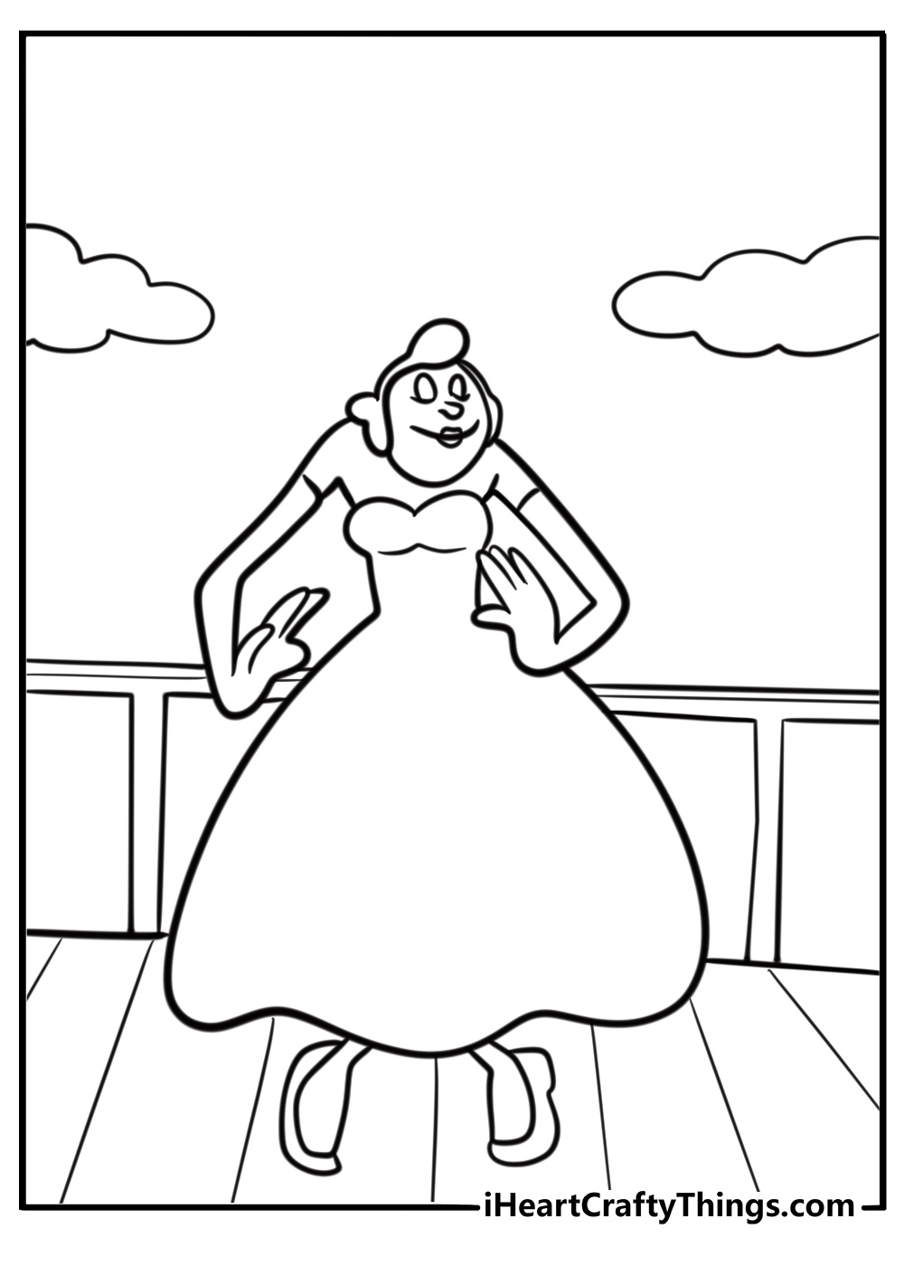 Olive Oyl wearing a long dress standing on a ship coloring page