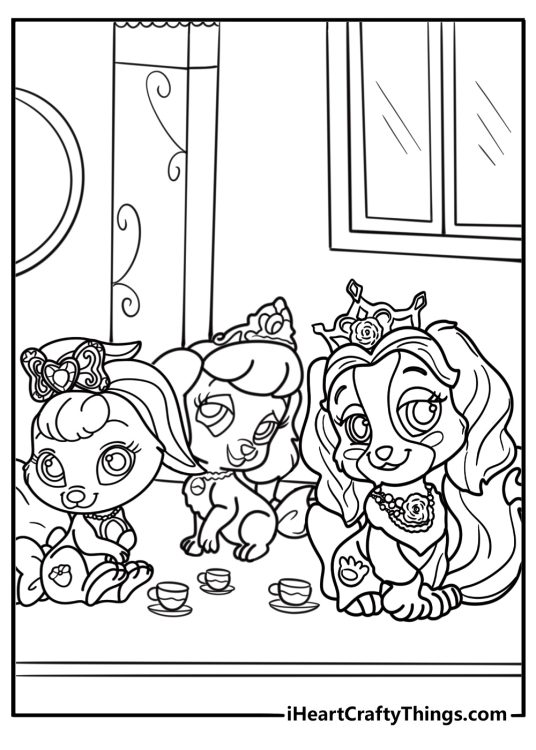Palace Pets at a royal tea party printable coloring sheet