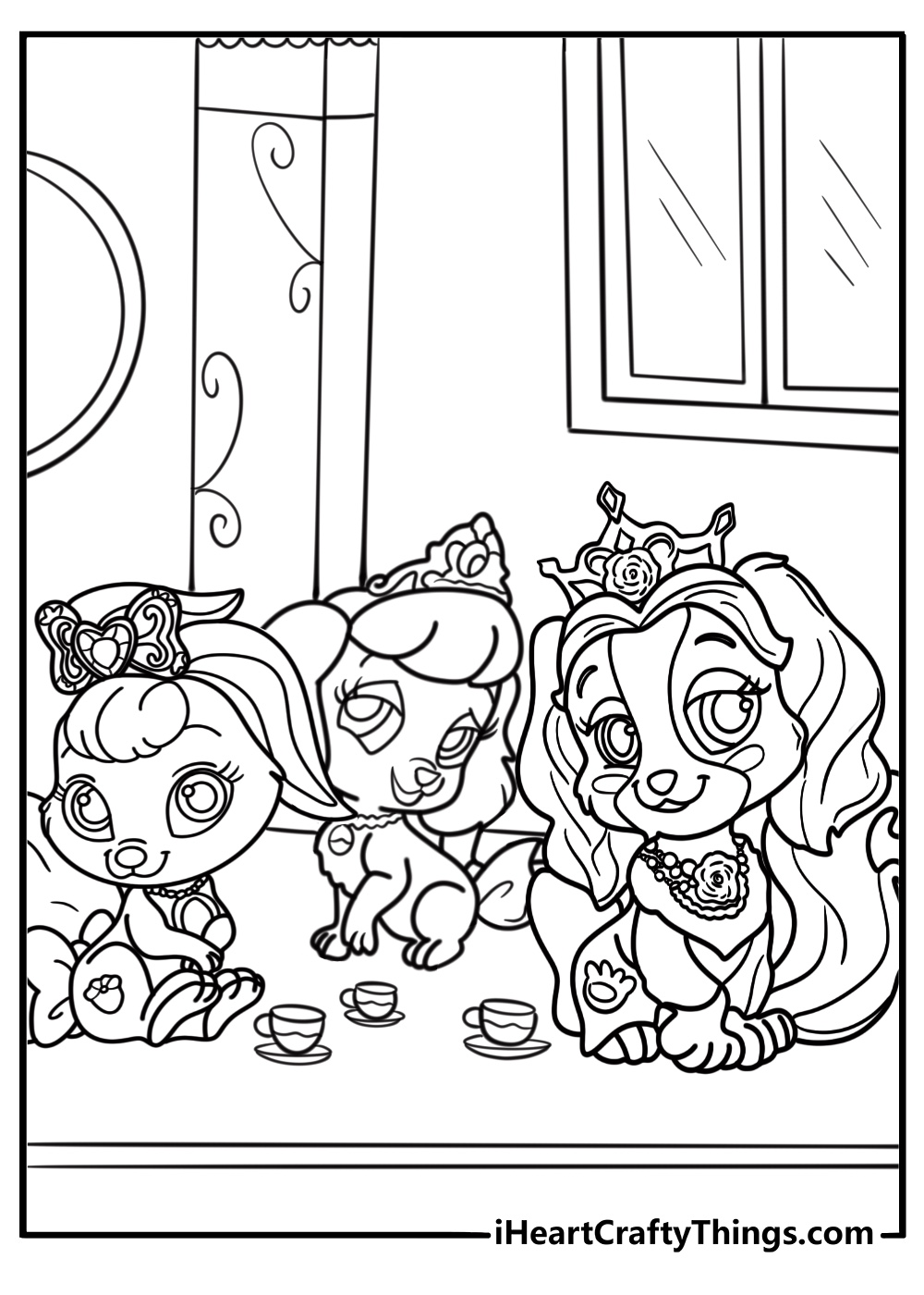 Palace Pets at a royal tea party printable coloring sheet