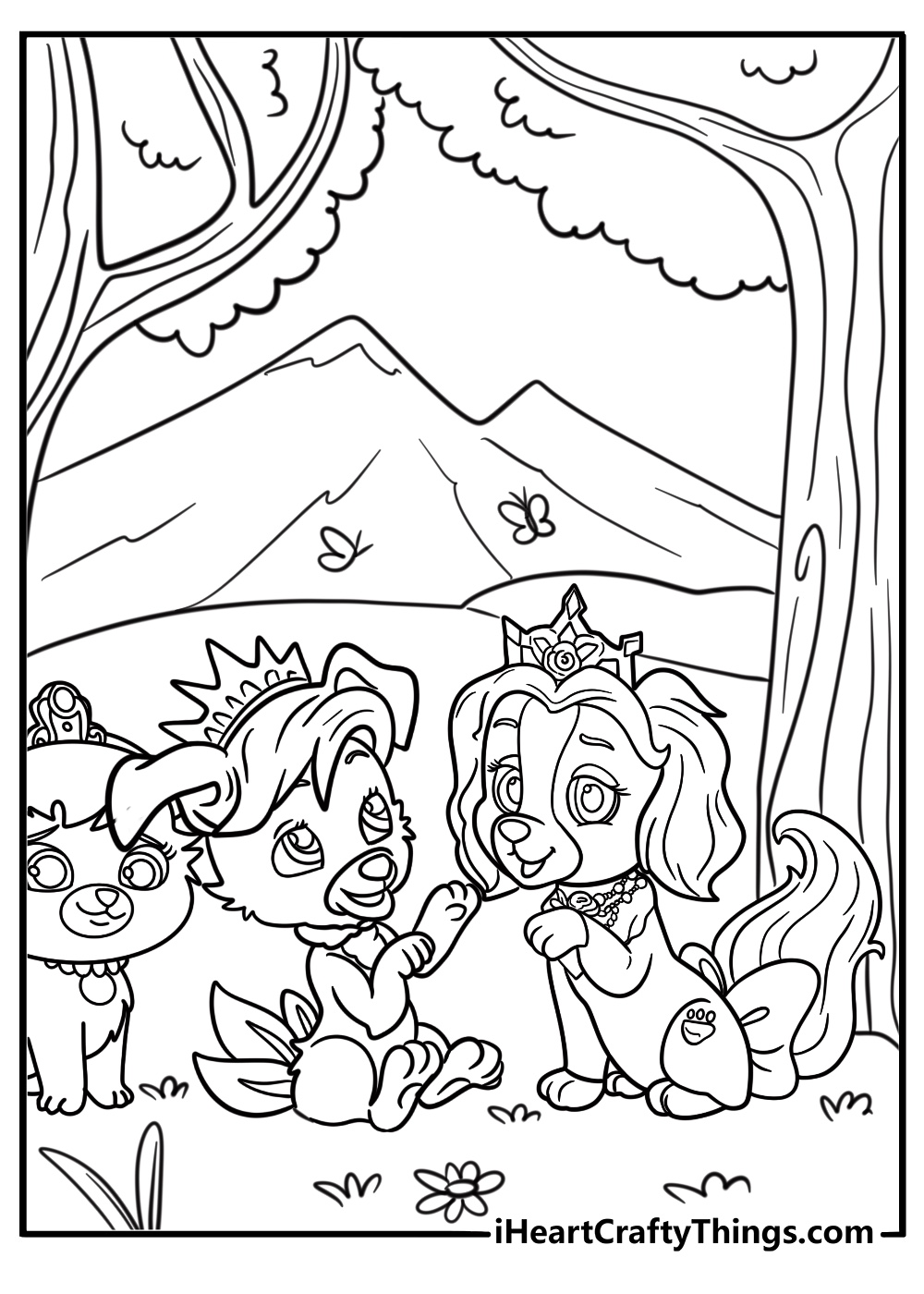 Palace Pets in a magical forest printable coloring sheet