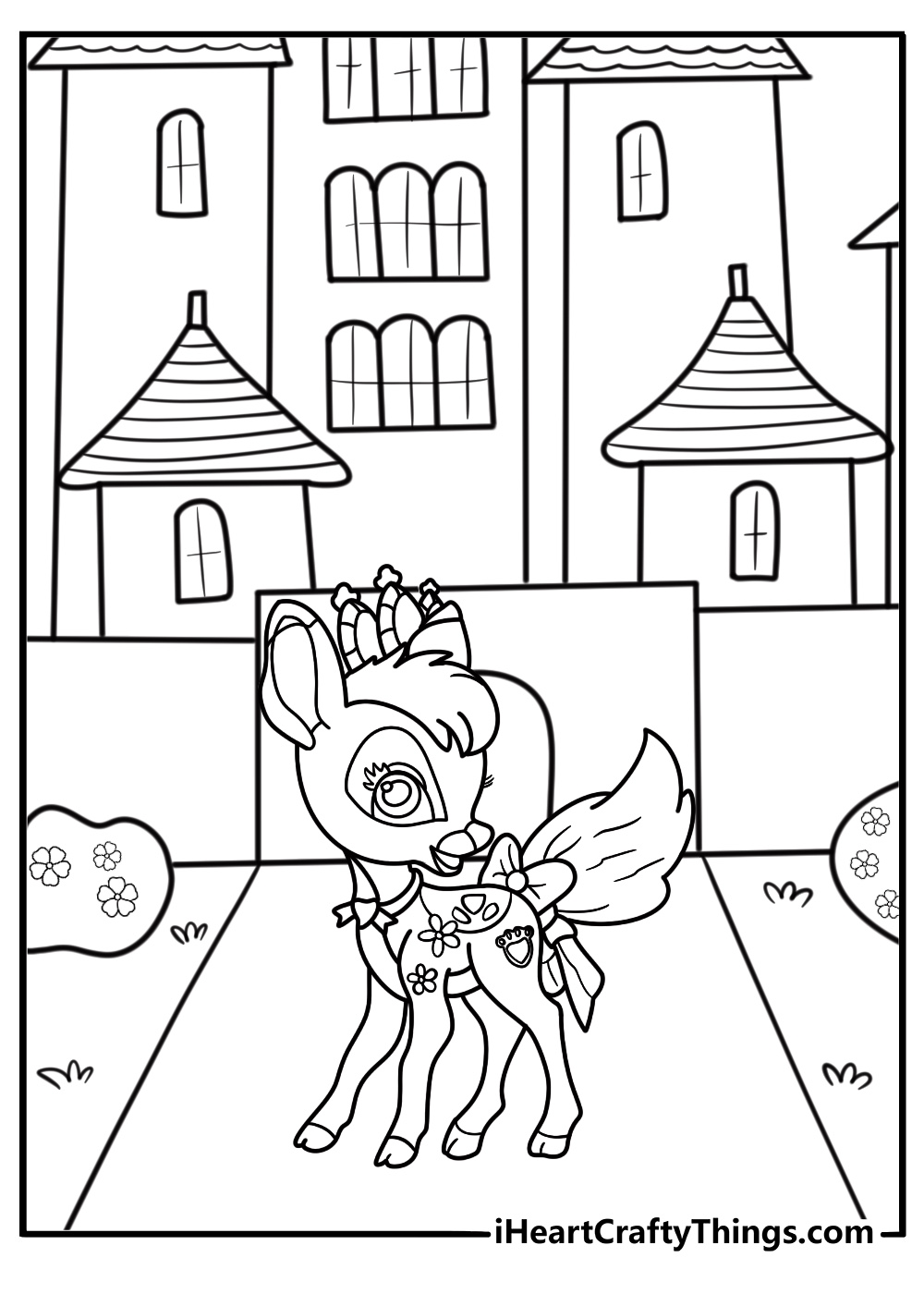 Palace Pets in front of a castle gate coloring page for kids