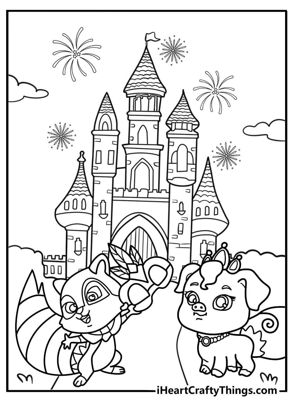 Palace Pets watching fireworks in the night sky free coloring page