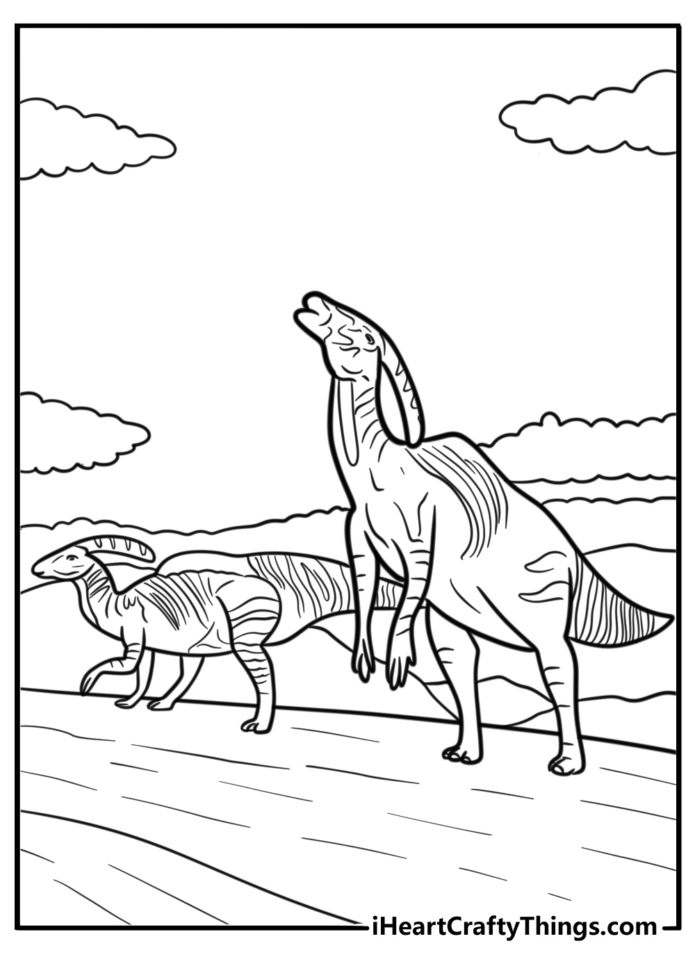 Parasaurolo phus in a prehistoric landscape coloring page