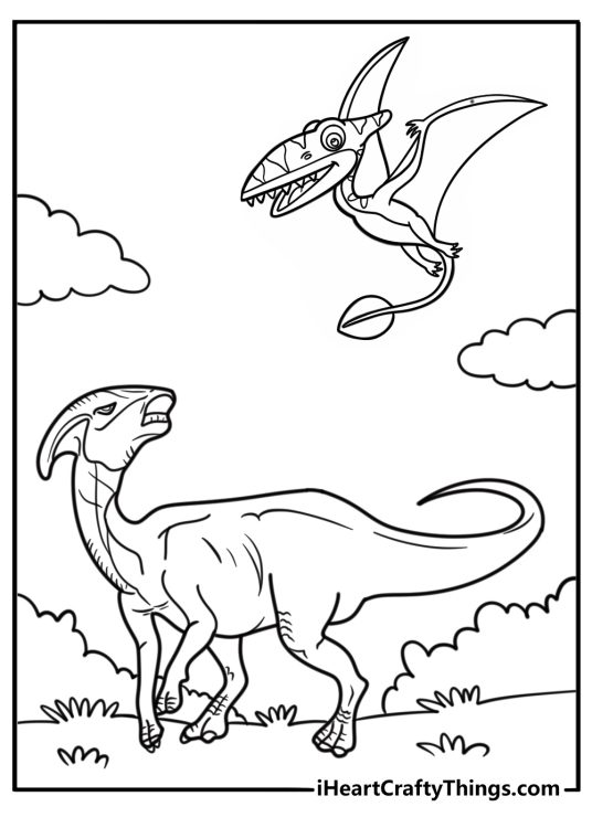 Parasaurolo phus looking up at flying pterosaurs coloring page