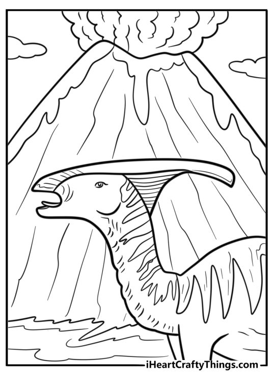 Parasaurolo phus next to a volcano coloring page