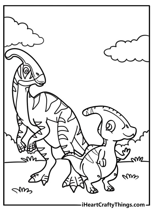 Parasaurolo phus walking beside a baby dinosaur coloring page