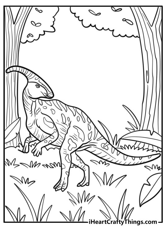 Parasaurolo phus walking through tall jungle plants coloring page