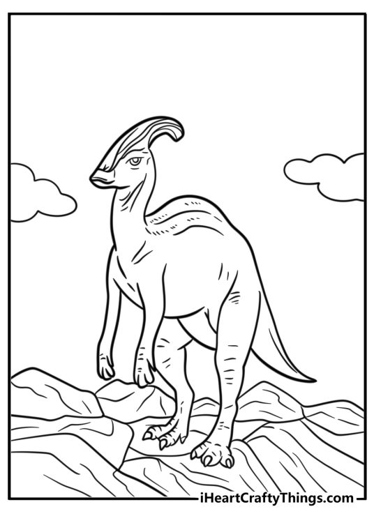 Parasaurolophus among volcanic rock formations coloring page