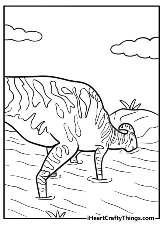 Parasaurolophus drinking water from a river coloring page