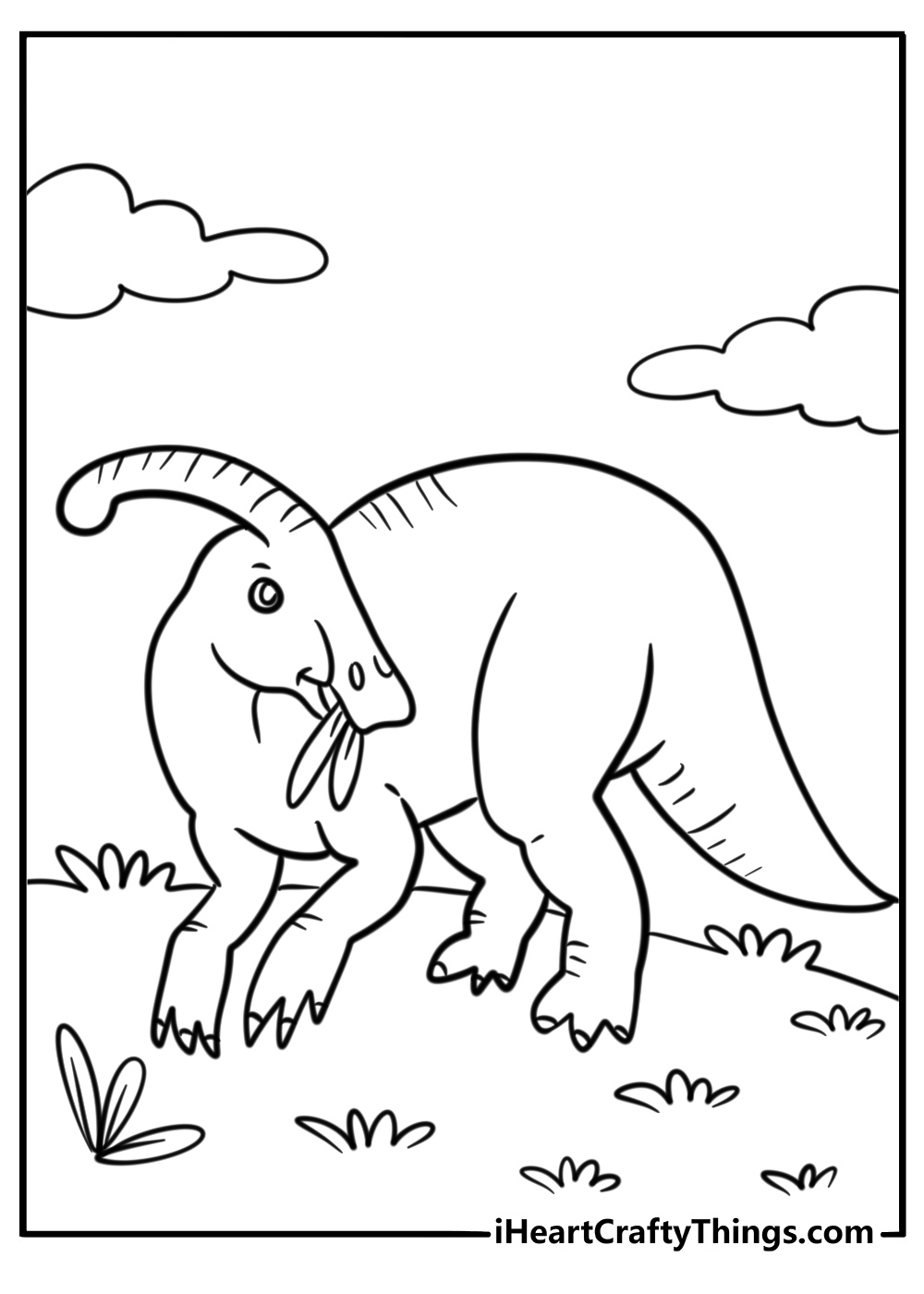 Parasaurolophus eating leaves from a low tree coloring page
