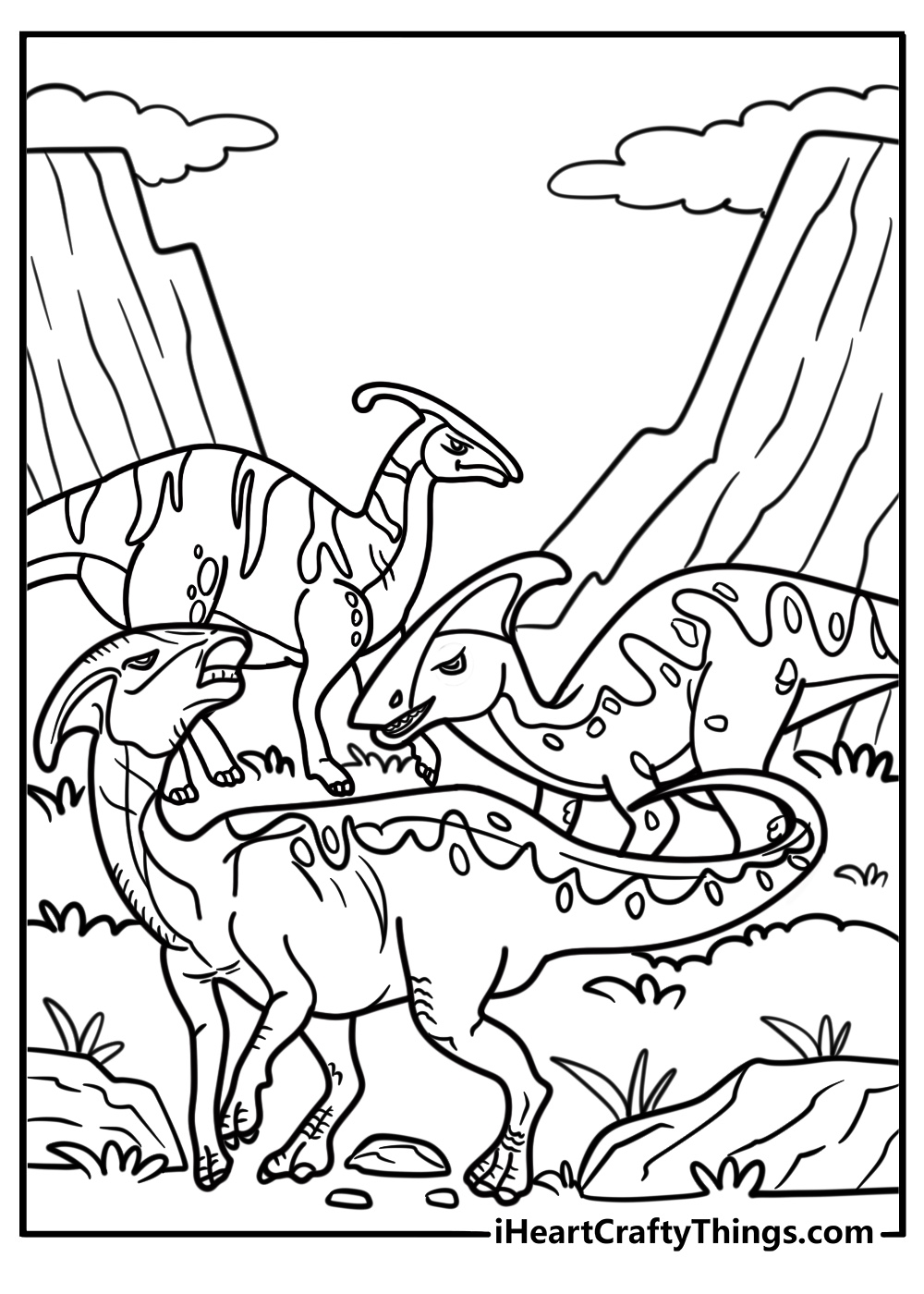 Parasaurolophus in a group of dinosaurs coloring page