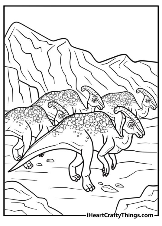 Parasaurolophus in a herd moving through a valley coloring page