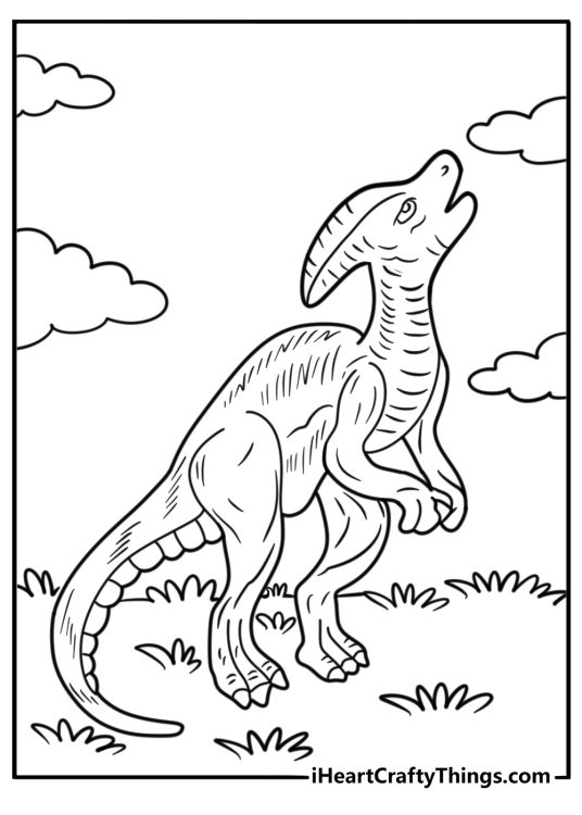 Parasaurolophus making a loud call with its crest coloring page