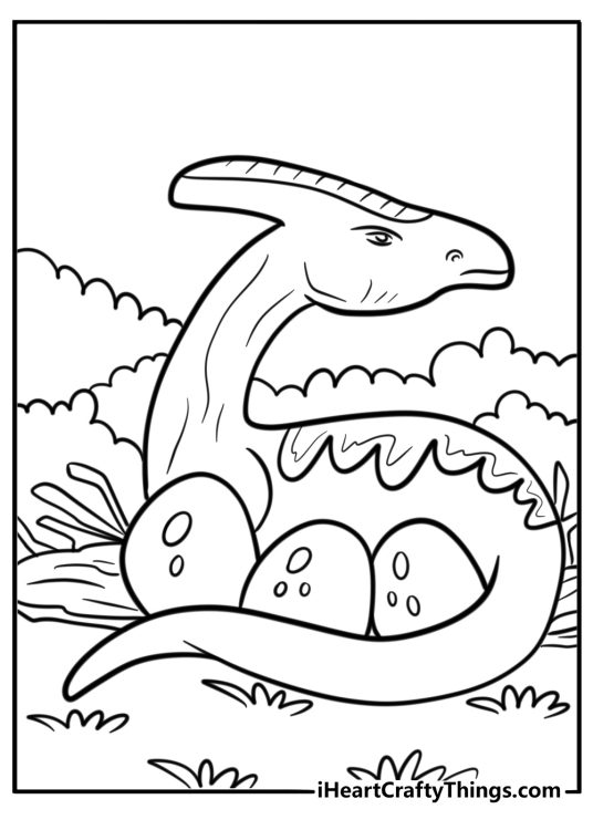 Parasaurolophus near a nest with dinosaur eggs coloring page
