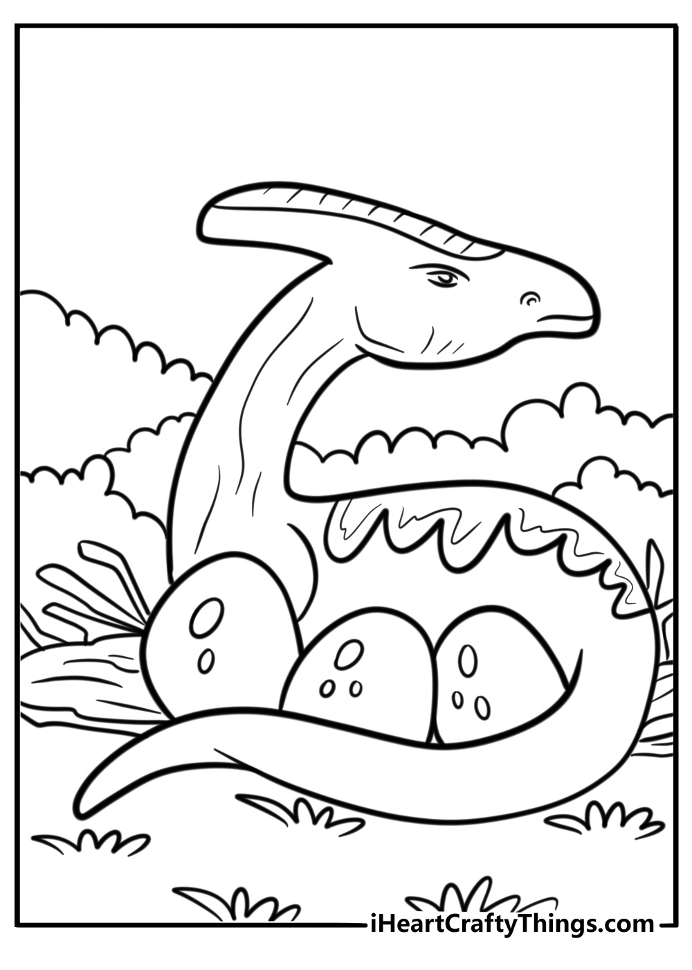 Parasaurolophus near a nest with dinosaur eggs coloring page