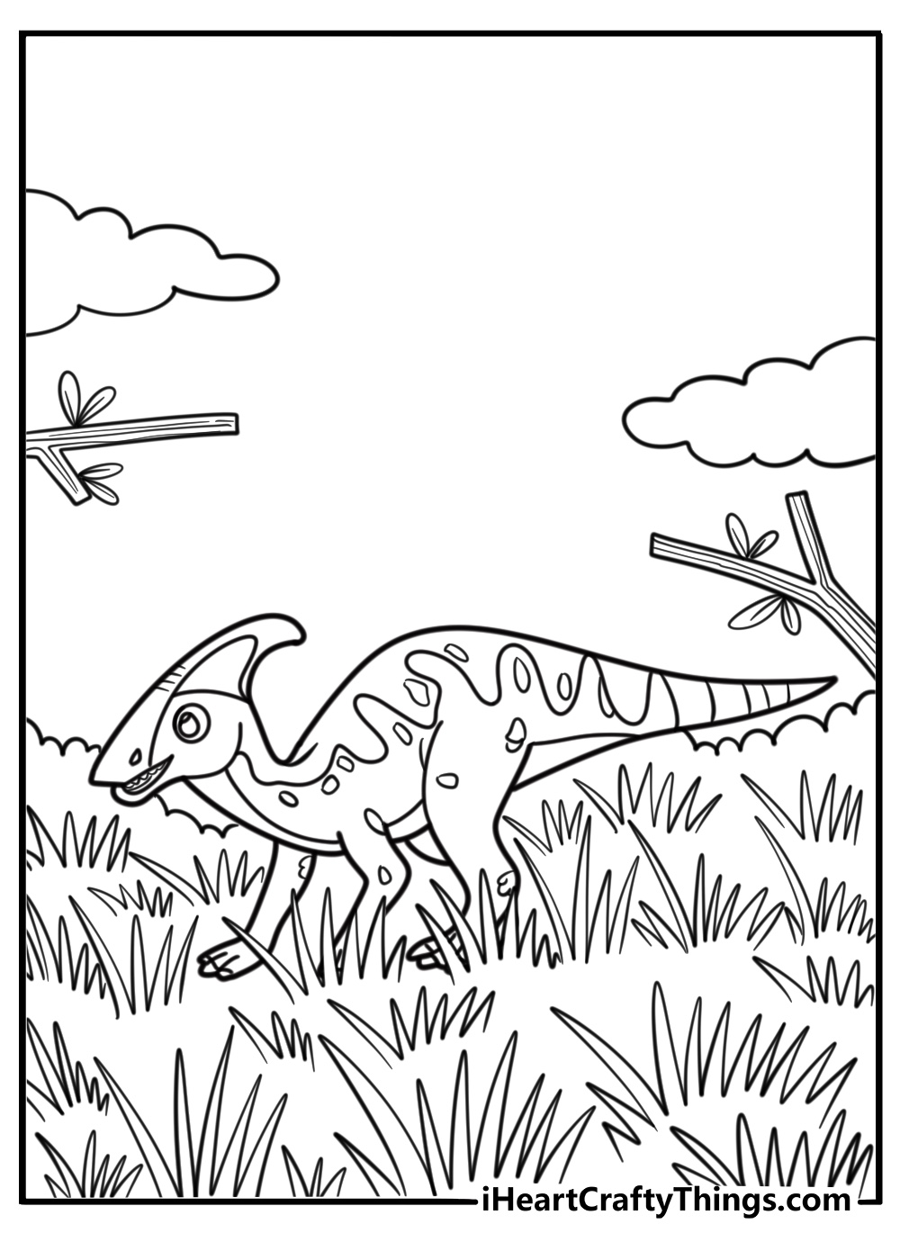 Parasaurolophus next to ferns and tall grass coloring page
