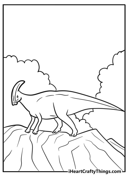 Parasaurolophus on a rocky cliffside coloring page