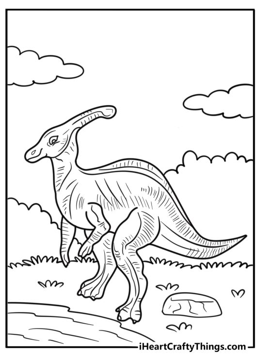 Parasaurolophus standing near a watering hole coloring page