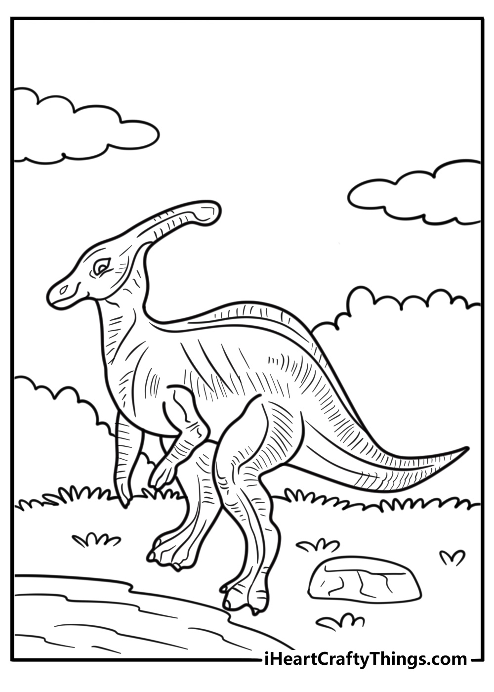 Parasaurolophus standing near a watering hole coloring page